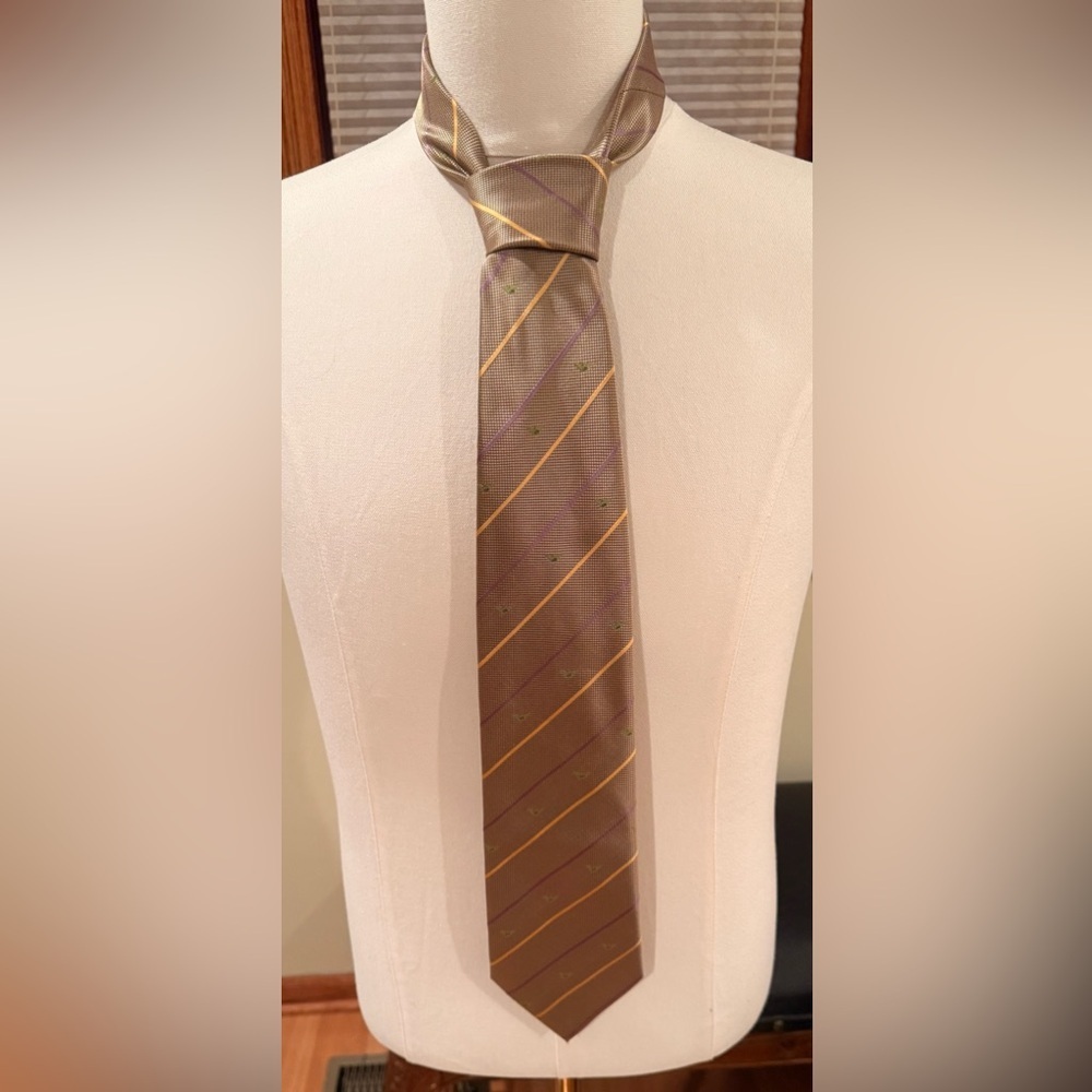 Giorgio Armani Pure Silk Tie Made in England Brown Stripe Eagle Logo Vtg